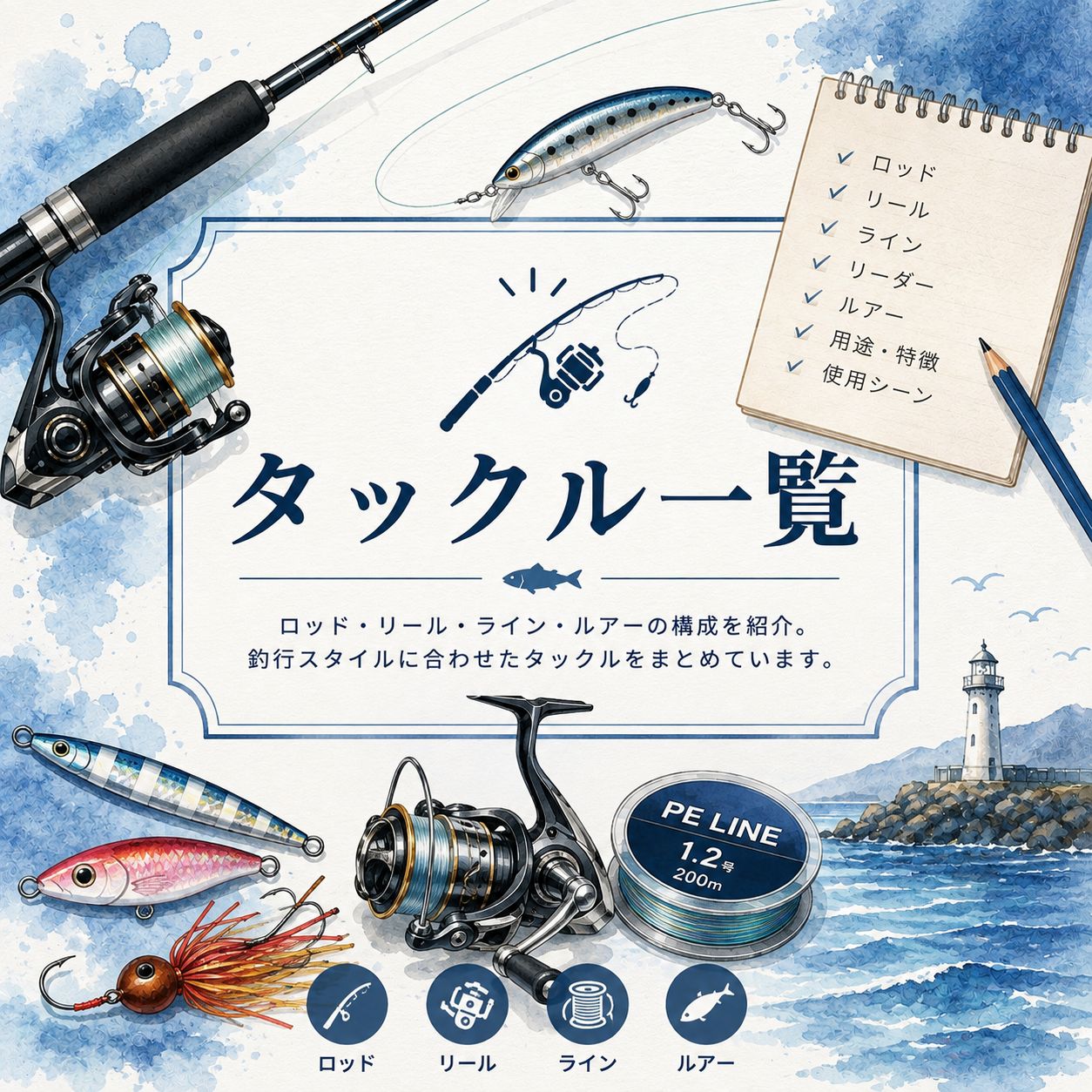 ロッド、リール、ライン、ルアーで構成されるタックル一覧の表紙